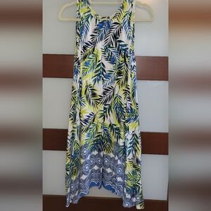 Sleeveless Asymmetrical Palm-Print Dress in White, Blue & Lime